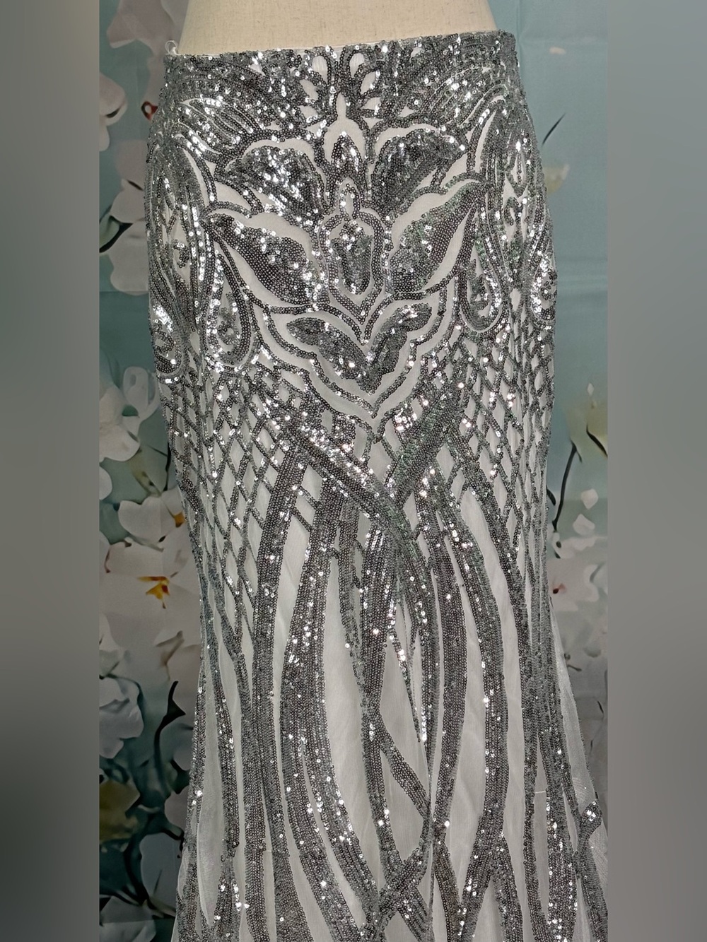Camille La Vie Silver Sequin Geometric Art Deco Mermaid Maxi Skirt Size 6 - Picture 3 of 17